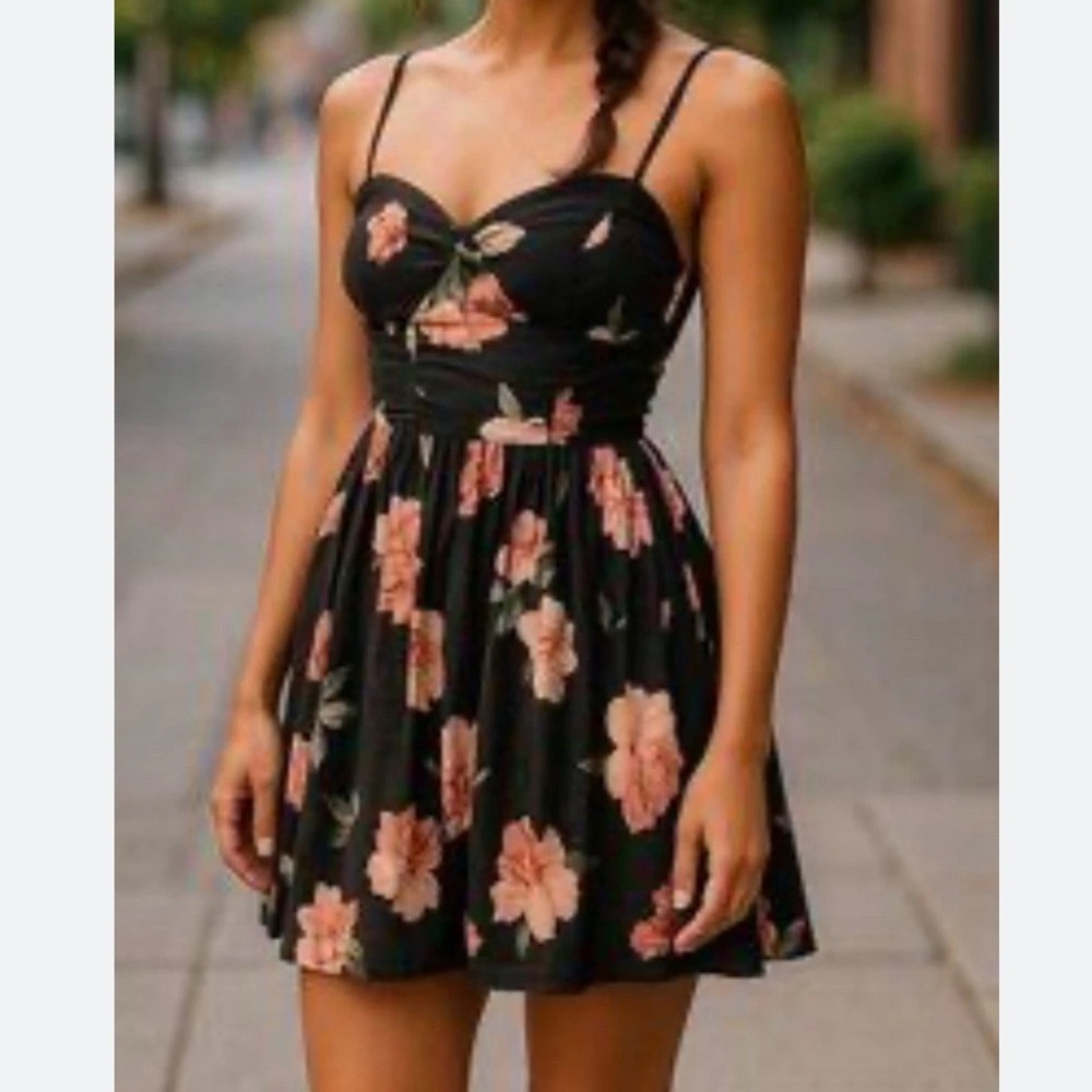Band of Gypsies Black Floral Mini Dress Molded Cups Chemise Slip Dress Medium